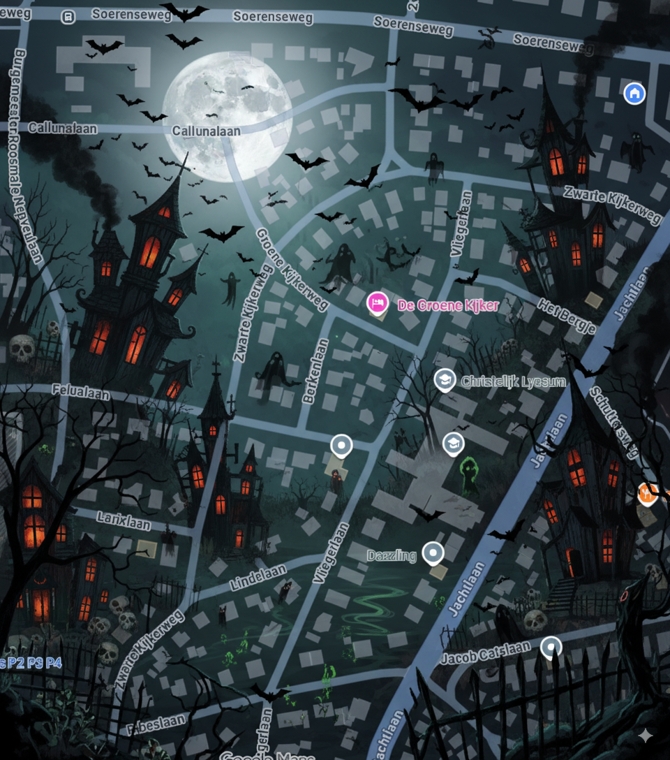 Kaart van Berg & Bos met route, trick-or-treat zones en hulpposten